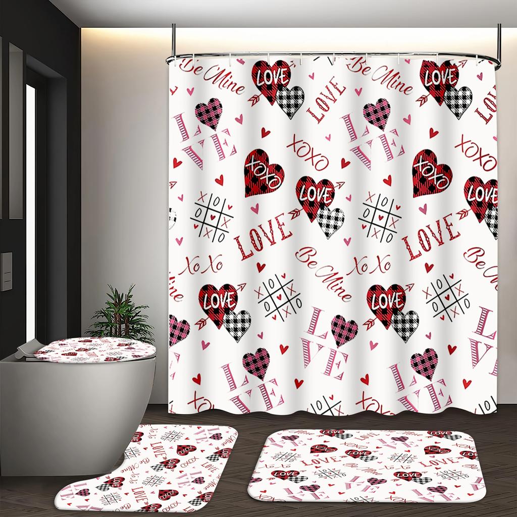 Valentine'S Day Bathroom Set Of 4 – Romantic Shower Curtain & Toilet Lid Cover+2 Bath Mats,Love Be Mine Xoxo Plaid Hearts Design