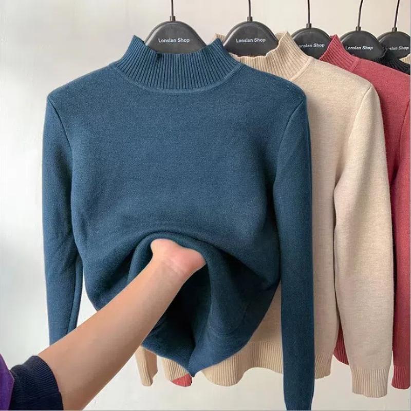 Half-high Neck, Integrated Velvet Base Layer, Sweater, Women's Autumn and Winter Pullover, Imitation Mink, and Fleece Knitted Mink Fleece