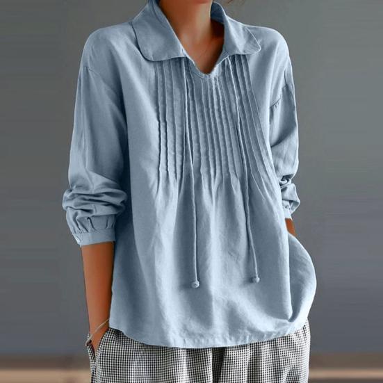 Women Spring Shirt Turn-down Collar Tassel Solid Color Loose Soft Pleated Pullover