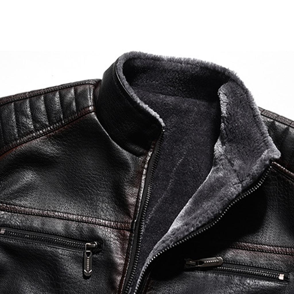 Men's Multi-Pocket Plush Thickened PU Leather Jacket Vintage Business Casual Jacket