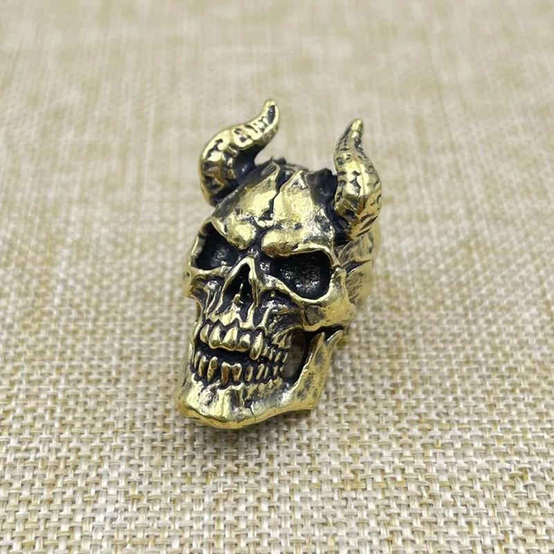 Brass Horned Skull Head Knife Bead Punk Edc Outdoor Diy Paracord Woven Lanyard Pendant Retro Umbrella Rope Bracelets Accessories