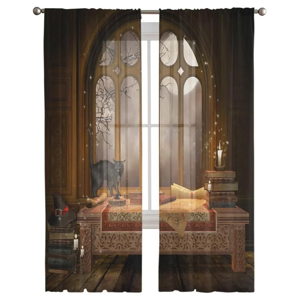 Castle Window Desk Moon Cat Book Sheer Window Drapes for Living Room the Bedroom Contemporary Curtains Curtain Panels