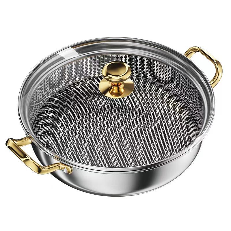 Steel Soup Pot Wok Non-Stick Honeycomb With Lid Household Frying Pan Induction Cooker Gas Stove Universal Pot 30Cm Stainless