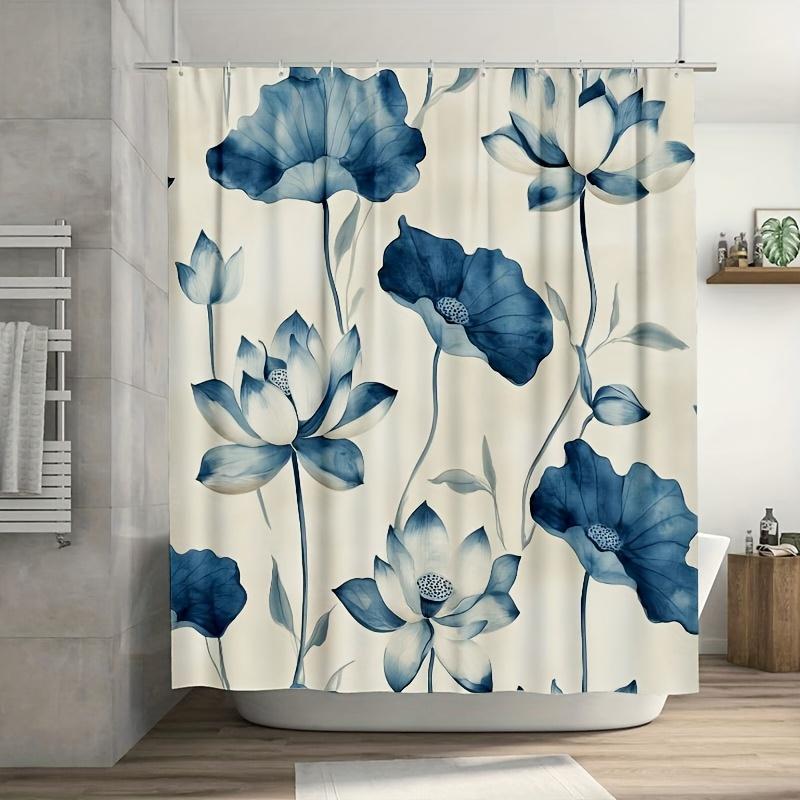 

1pc Oriental Blue Floral Shower Curtain, Lotus on Cream, Waterproof,Durable Polyester, Includes Hooks,Easy Clean,for Bath/Window 90X180cm