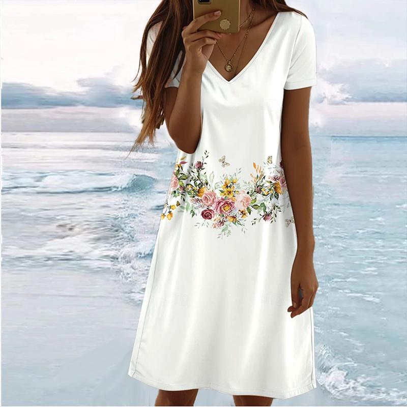 Summer Fashion Women's V Neck Short Sleeve Retro Pattern Printed  Dress Sex Short Skirt Dresses