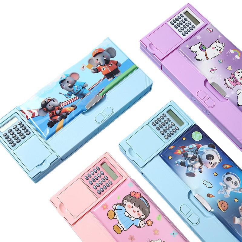 Multifunctional Calculator Pencil Case: Large Capacity Plastic Stationery Box for Primary School Students