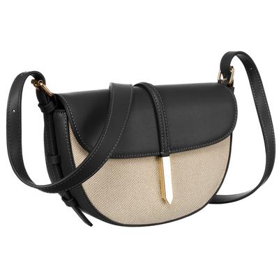 Listonoszka Damska Crossbody Beżowo - Czarna Ze Skóry Naturalnej I Płótna Canvas Peterson