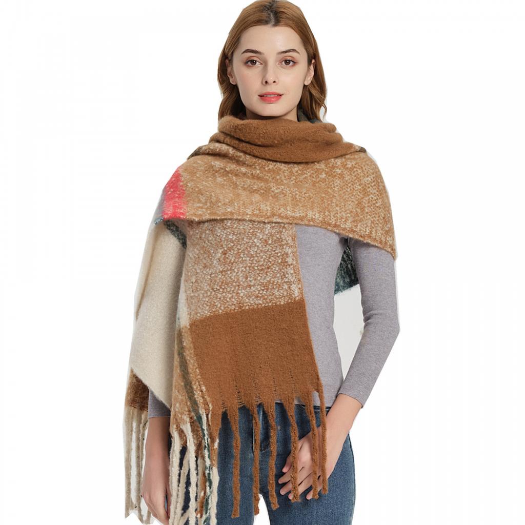 Autumn Winter Imitation Mohair Color Block Plaid Thick Fringe Scarf Shawl