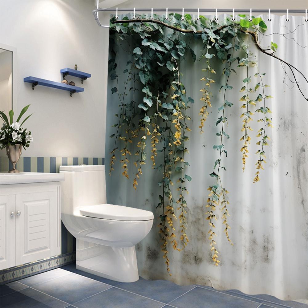 

1pc Cascading Vine Shower Curtain with Yellow Berries & Eucalyptus Design, 70x70 Inches, Weathered Wooden Wall Look, 90x180cm