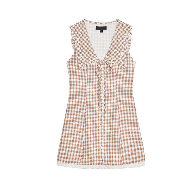 

Summer Women s Clothing Preppy Style V Neck Sleeveless Lace Decorative Flat Lapel Small Plaid Short Dress 0881362 Brown L