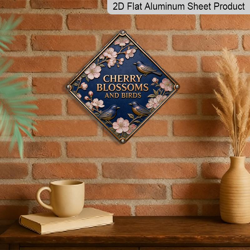2D Flat, 1pc Cherry Blossom & Bird Wall - Vintage Aluminum Sign Suitable for Office Decor, Aluminum Plaque with Flowers, Gift for Oriental Floral