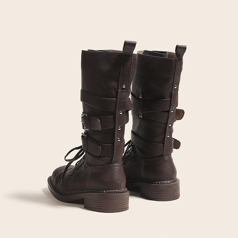 Fashion Punk Style Mid-Calf Motorcycle Boots Women Cool Buckle Design Chunky Platform Botas Leather Ankle Boots for Women Botas Mujer