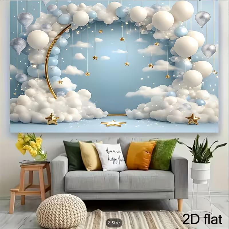 2D Sterrenhemel Blauwe Achtergrond, Witte Ballon Babyborrel Achtergrond