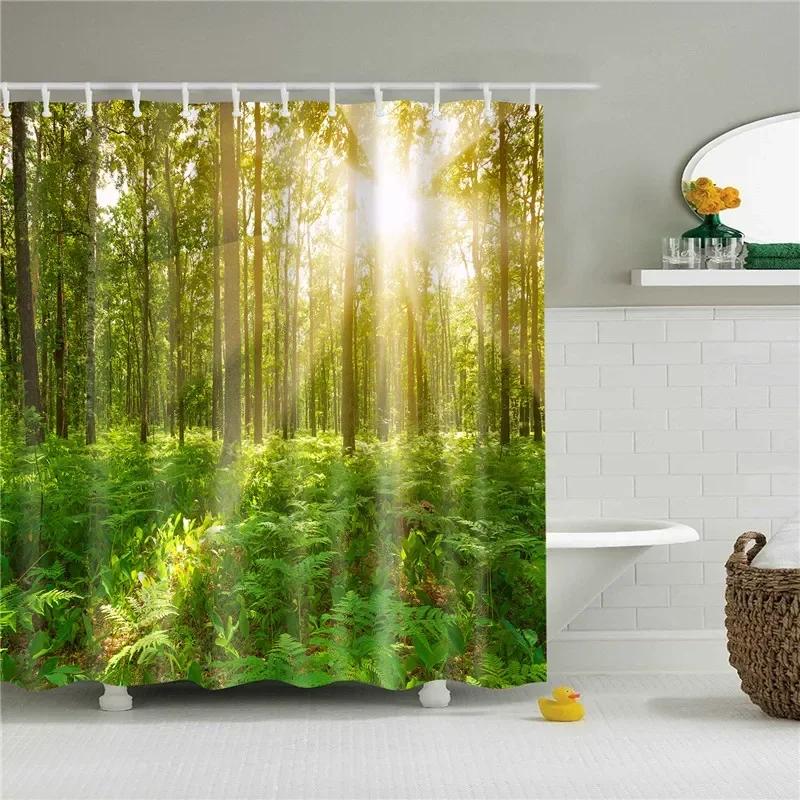 Tropical Green Plant Palm Leaves Bathroom Accessories Set Shower Curtain Bathroom Curtains Waterproof Polyester with Hooks