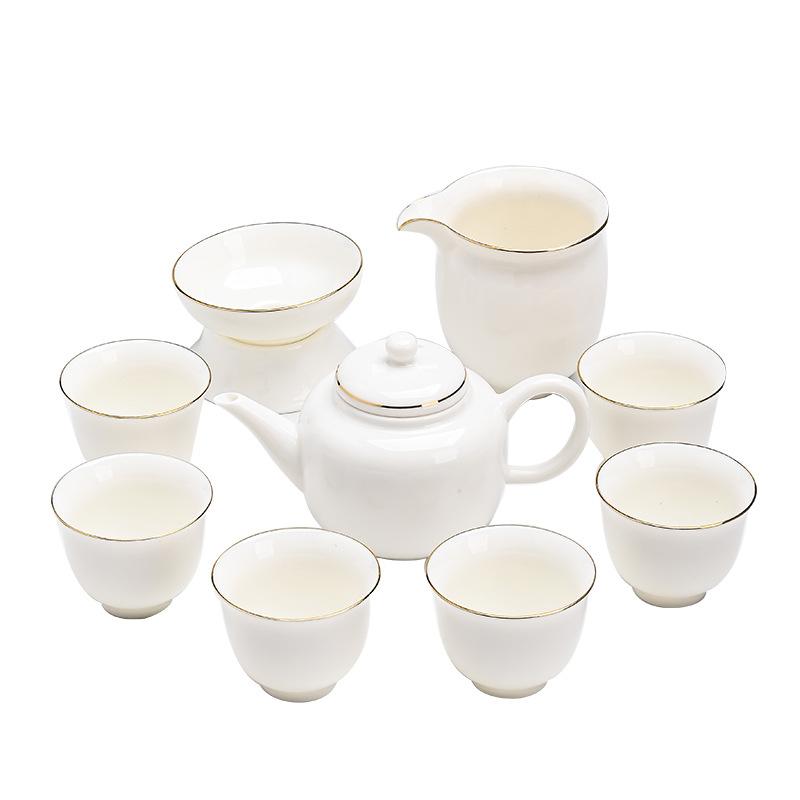 Dehua White Porcelain Suet Jade Kung Fu Tea Set Handmade Ceramic Gold Painting Line Opening Event Gifts