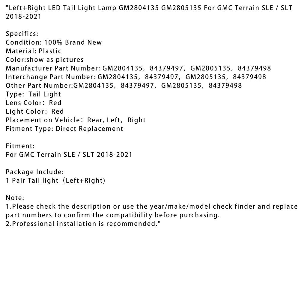 Left+Right LED Tail Light Lamp GM2804135 84379497 GM2805135 84379498 For GMC Terrain SLE/SLT 2018-2021