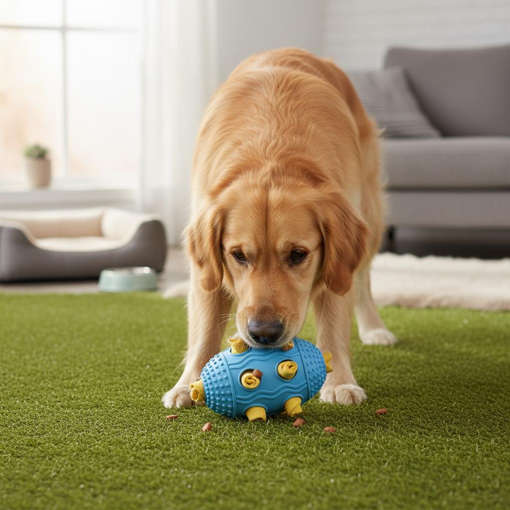 Dog Food Dispenser Football Toy for Pets Interactive Squeaky Chew Ball with Noise Maker and Sniffing Holes for Large Medium Dogs