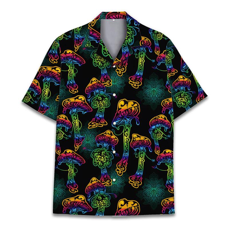 Colorful Mushroom 3d Print Hawaiian Shirt Men Summer Vacation Shirts Button Lapel Short Sleeve Street Shirt Clothing