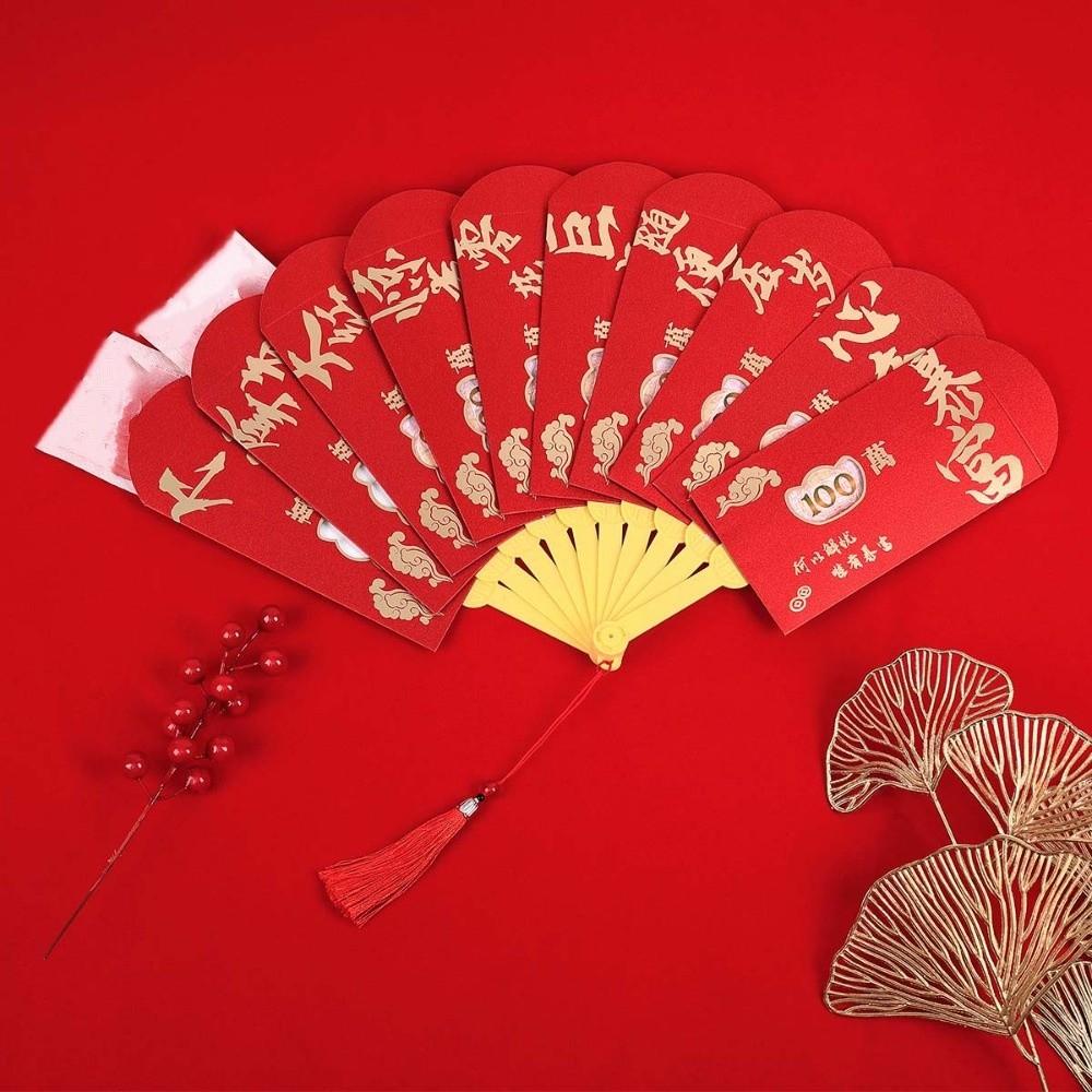 Traditional Fan Design Red Envelope 6/8/10 Cards Frosted Spring Festival Red Wallet Blessing Paper Hongbao