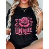 Pink Rose "UNIQUE" Letter Printed Black Women's Short-Sleeve T-Shirt