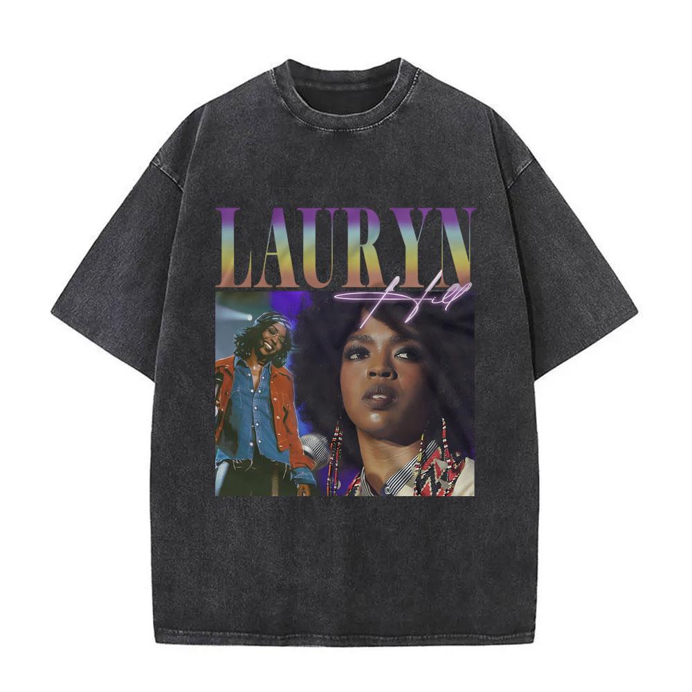 Washed Vintage Singer Lauryn Hill Graphic Print Tshirt Men Women Clothing Hip Hop Fashion Street Oversized Crewneck Tee Shirts