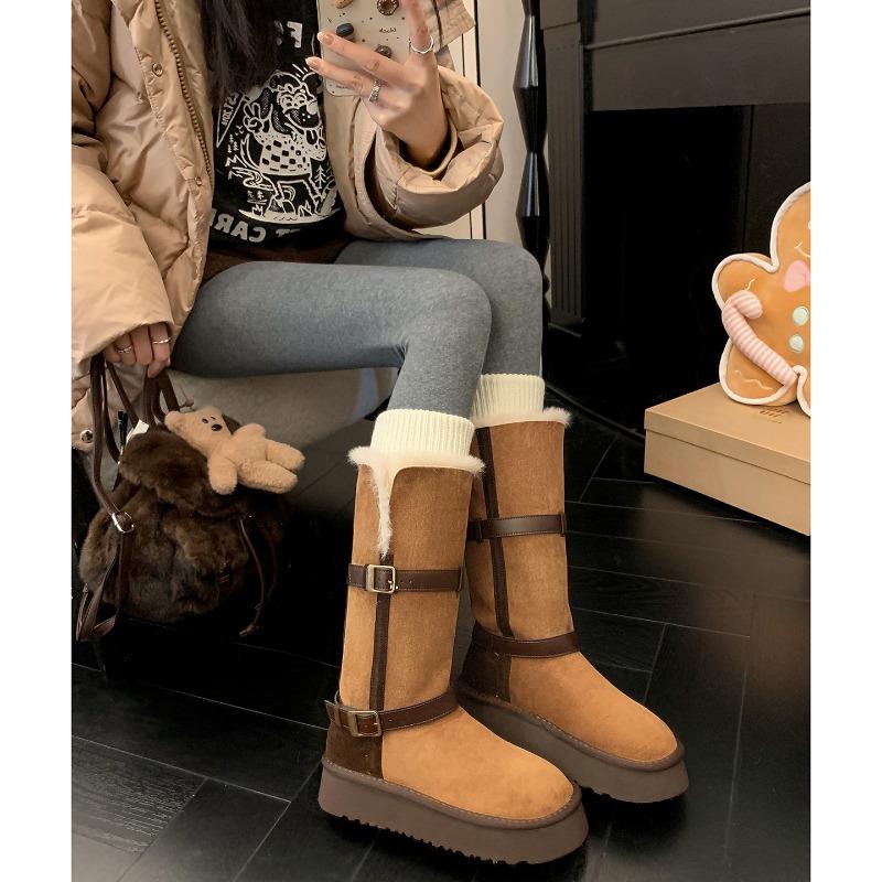 Couleur cuir assortie bottes de neige tube long femme hiver antidérapantes deux façons de porter bottes tube haut velours thermique chaussures en coton