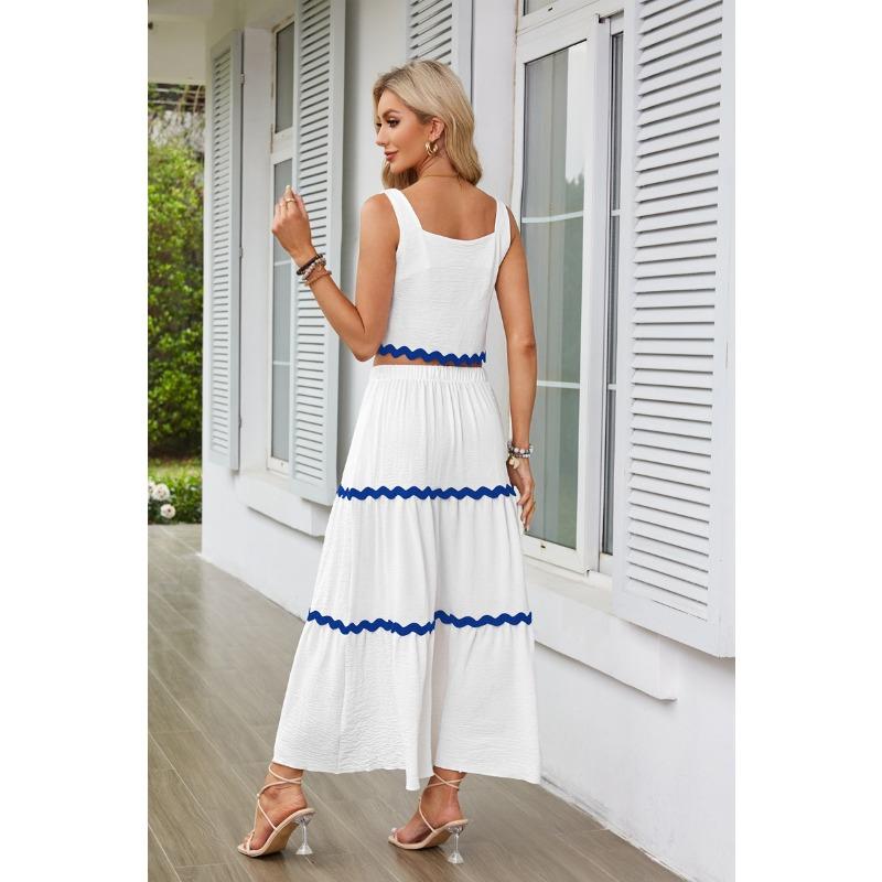 Letní dámská krajková koláž bez rukávů Krátká vesta sukně s vysokým pasem a dlouhými šaty