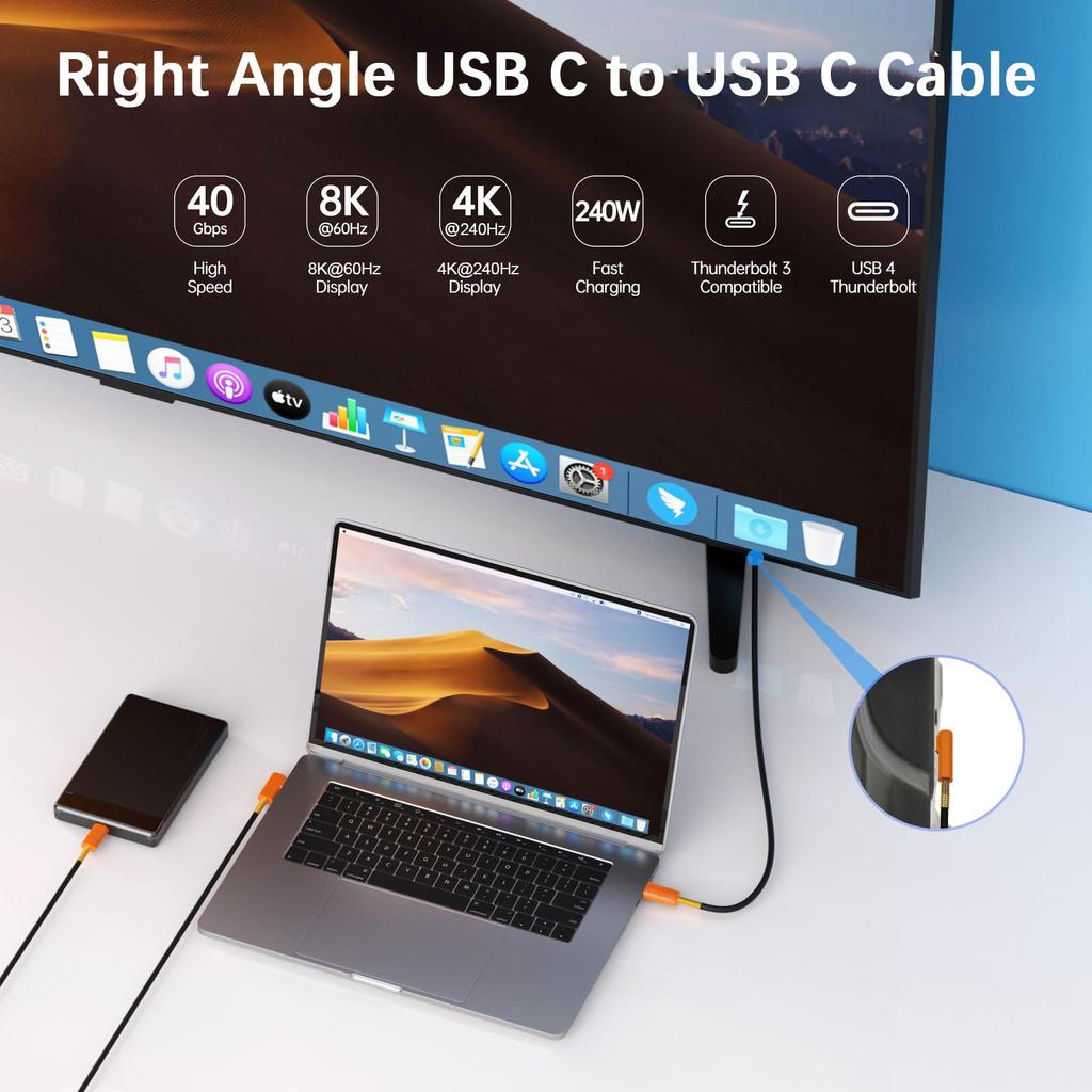 Duttek Adaptador de Carregamento USB C de Ângulo Reto USB Tipo C para Thunderbolt Macho Suporta Dados de 40Gbps 240W PD Rápido Compatível com iPhone 15 iPad