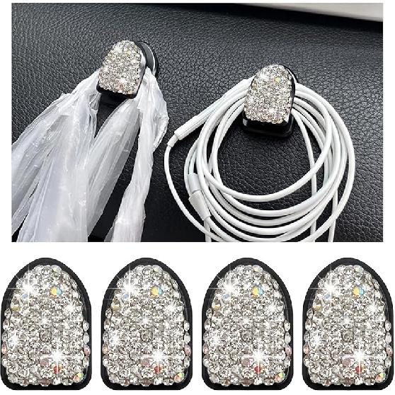 4PCS Bling Car Mini Hooks, Multifunctional Adhesive Small Auto Storage Hook for Key Cable Mask, Crystal Rhinestone Dashboard Hanging Hook, Interior