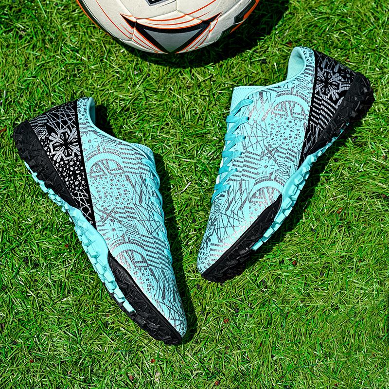 Botas de Fútbol Azul y Blanco para Hombre/Mujer Suela Blanda de Goma Clavo Corto Césped Artificial Zapatos de Fútbol Juvenil