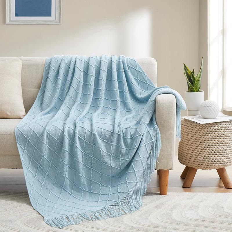 Nordic Textured Knitted Blankets Bed Decor Drop Ship Shawl Sofa TV Blanket with Tassels Scarf Sofa Farmhouse Blue Throw Blanket