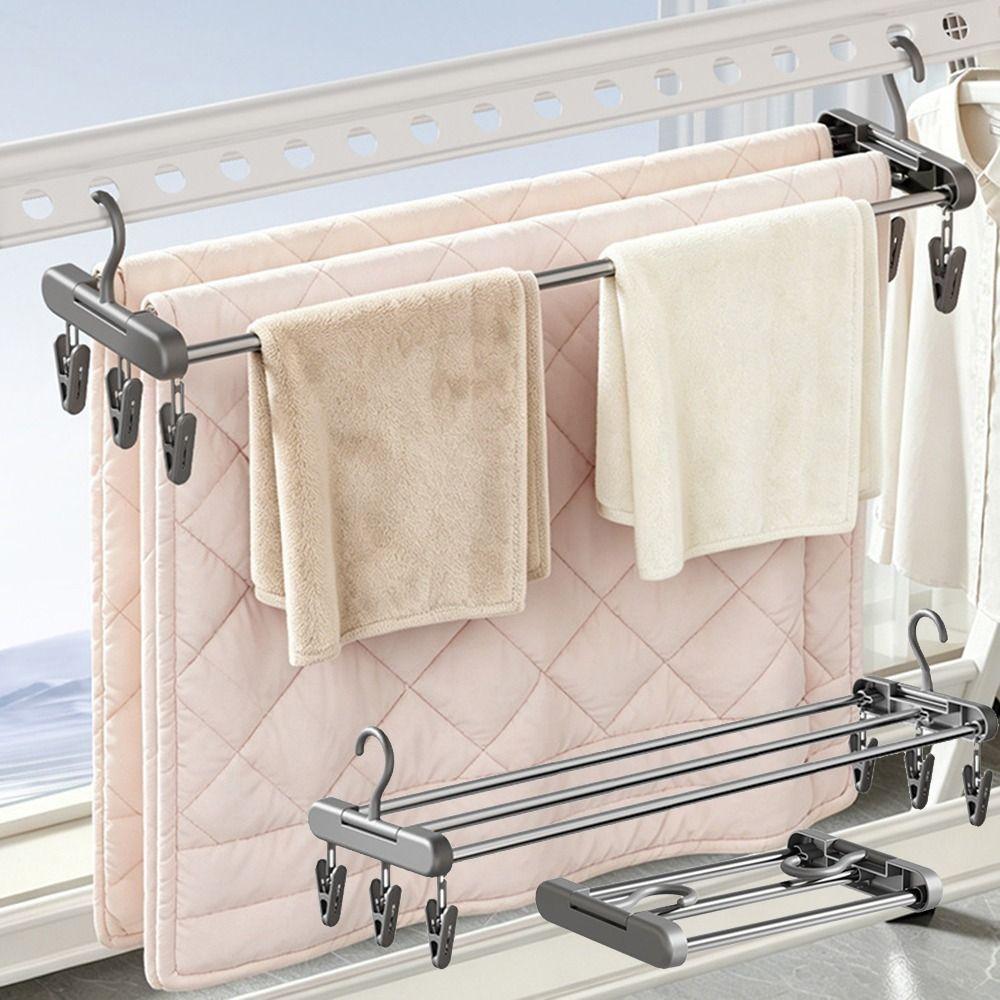 Foldable Design Blanket Drying Rack Stainless Steel Expandable Clothes Organizer Rectangular 6 Clips Bedsheets Storage Hanger
