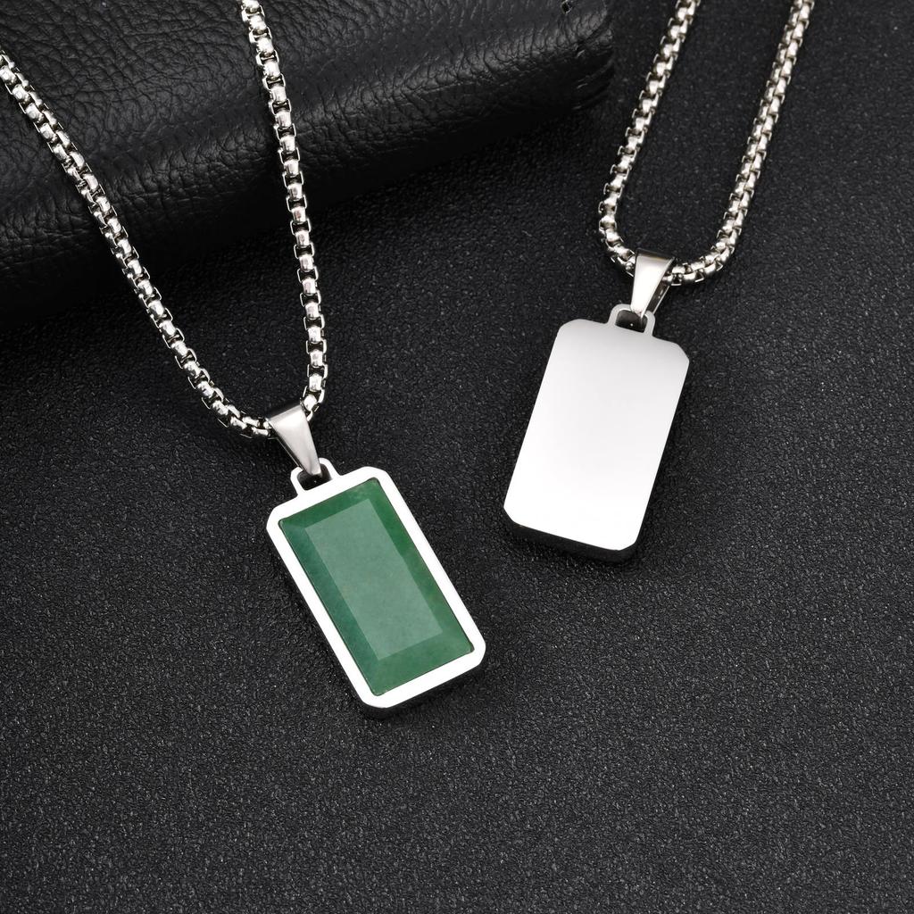 Vnox Edelstahl Grüne Naturstein Halskette für Männer Jungen, Geometrisches Quadrat Anhänger mit Kasten Kette Halsketten Schmuck Geschenk