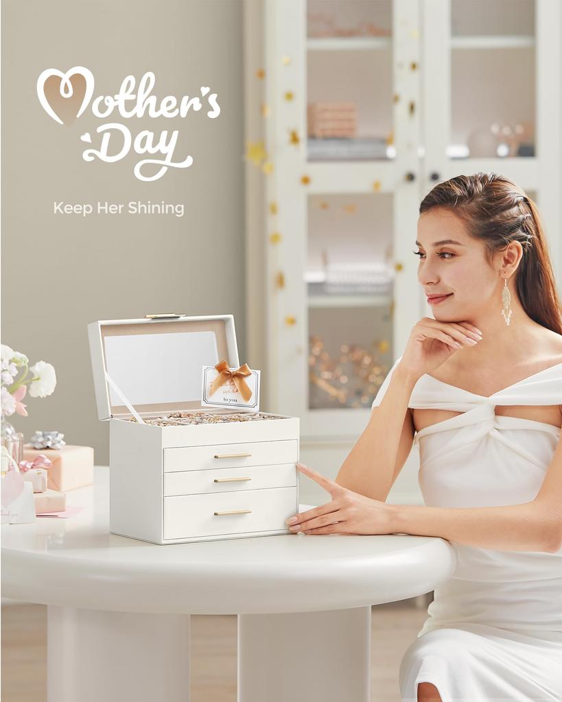 SONGMICS Jewelry Box, Large Capacity Accessory Case, 4-Tier Drawer, Ring and Bracelet Storage, Glass Lid, Mother's Day Gift, White JBC161W01