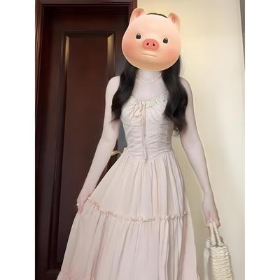 Gentle Wind Temperament Women's Summer New Models Elegant Small Waist Long Dress Pink Suspender Dress