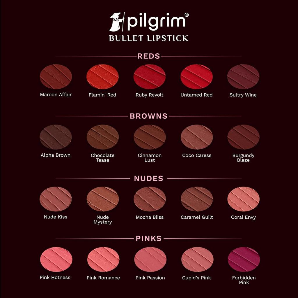 Pilgrim Matte Bullet Lipstick 4.2g Pack of 1 Intense Red Long-Lasting Smudgeproof Lip Colour