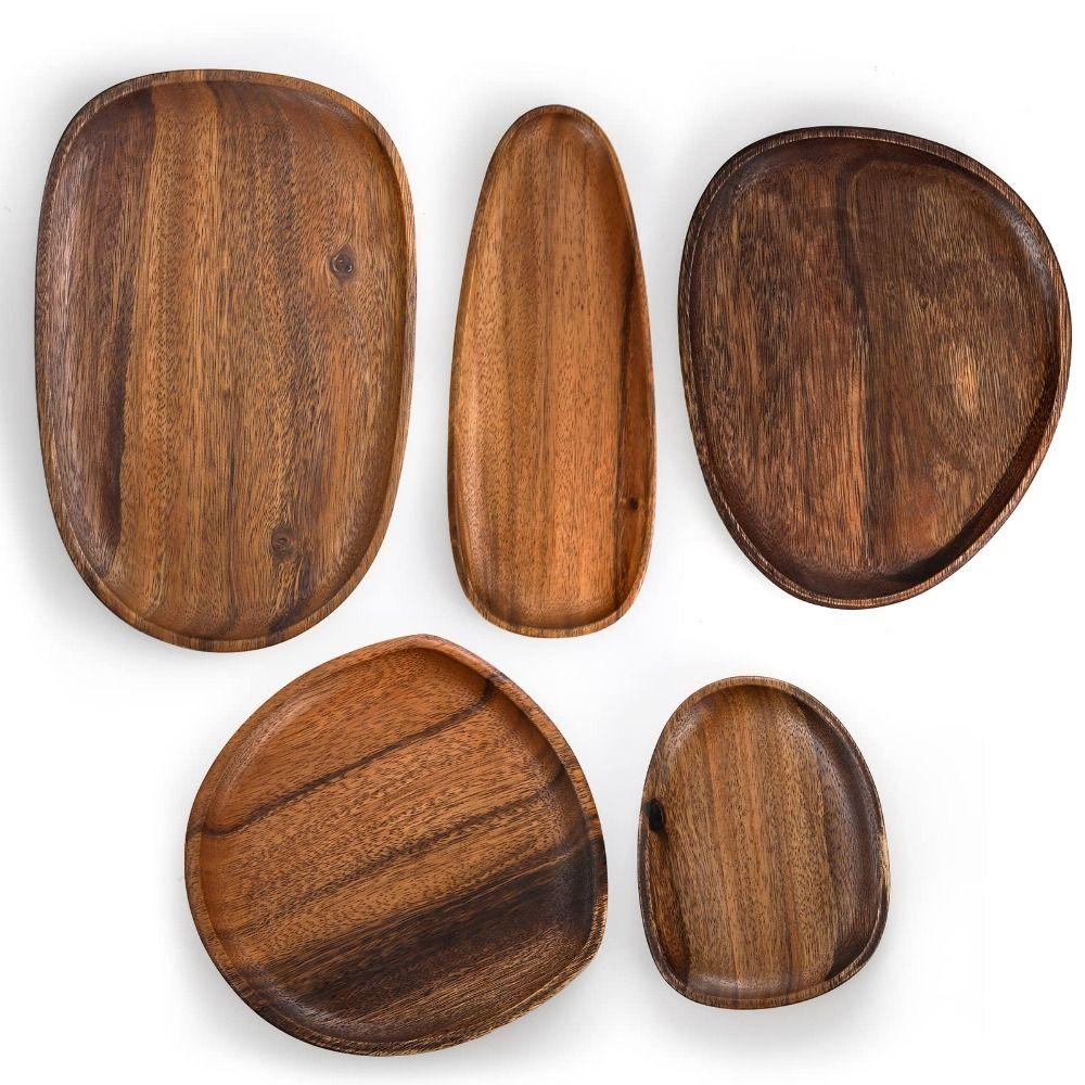 Insulated Design Acacia Wood Serving Platter Elliptical Handcrafted Breadboard Lightweight Solid Wood Pattern