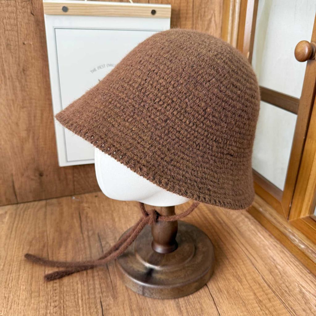 Autumn and Winter Knitted Bucket Hat Women's Retro Crocheted Basin Hat Soft Waxy Plush Texture Showing Small Face Ear Protection Warm Hat