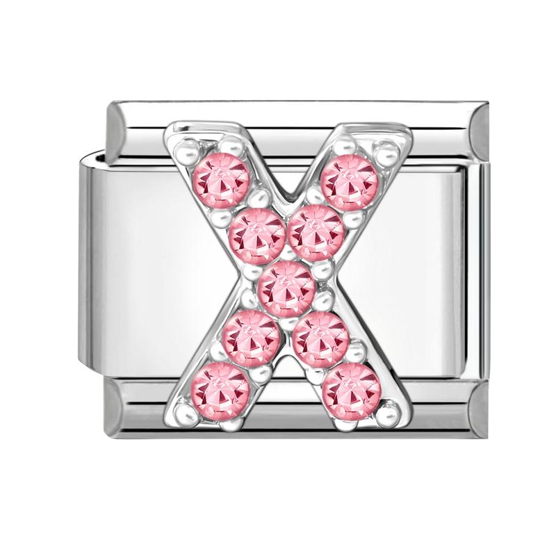 1pz Micro Intarsiato Zirconia Rosa Full Zircone 26 Lettere Inglesi Fascino Italiano Adatto Bracciale in Acciaio Inossidabile da 9mm Gioielli Fai da Te