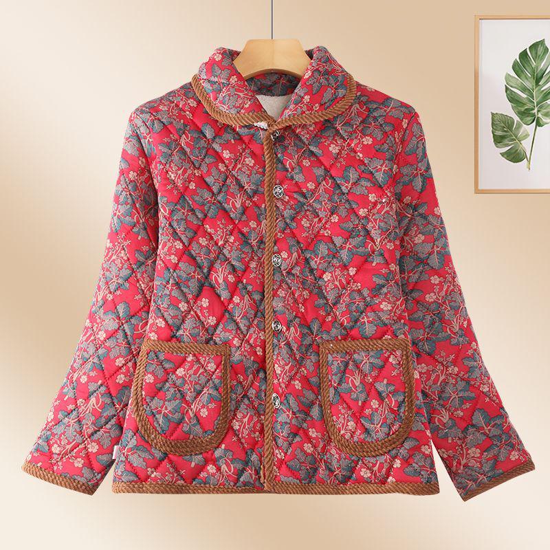

Floral Lapel Cotton Padded Jacket: Thick, Short Style for Middle-Aged and Elderly Women, Perfect for Autumn and Winter. 3XL (Recommended for 55-62.5 kg)