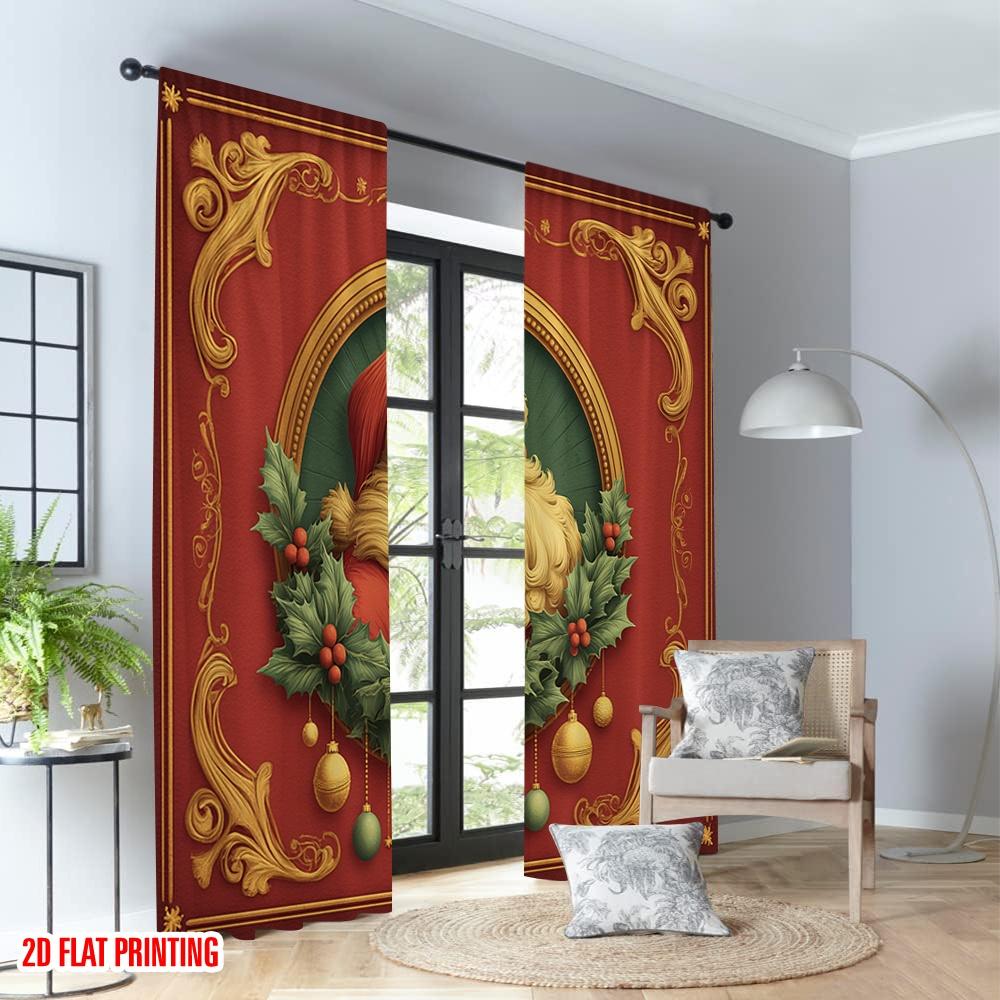 2pcs 2D Flat Printing Christmas Party Curtains Christmas Wreath Santa Claus Portrait Digital Printed Polyester Drapes Festive