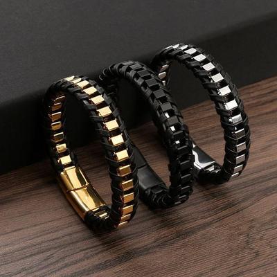 New Stainless Steel Bracelet Fashion Black Leather Bracelets for Men Bangles Charm Jewelry Accessories