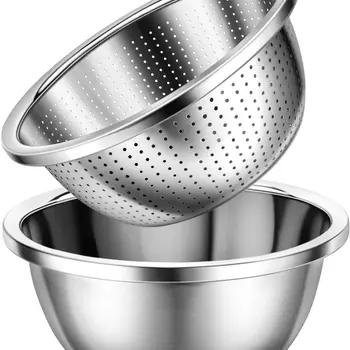 Kitchen Bowl Strainer Holes Washing Rice Sieve Strainer Fruits Vegetable Drain Bowl Stainless Steel Mesh Storage Basin Plate