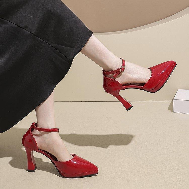 French pointed thick heel hollow word with commuter high heels new temperament versatile nude waterproof table sandals women