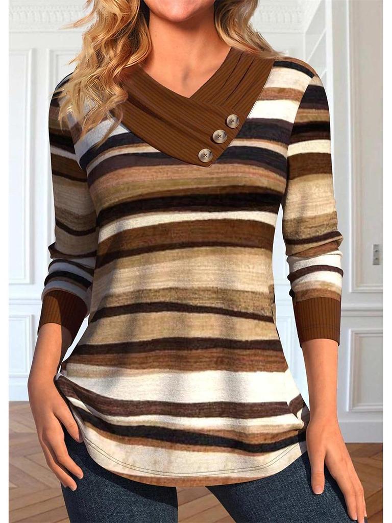 Autumn/Winter European & American V-neck Pullover Women's Long Sleeve Printed T-shirt