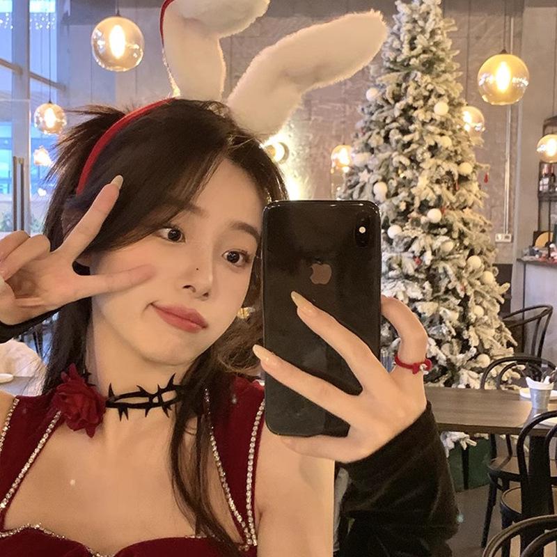 Red Flocked Rabbit Ears Christmas Headband – Festive Niche Hair Accessory