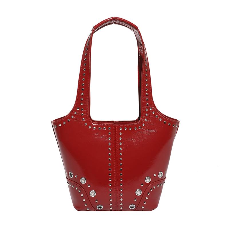 2025 Autumn & Winter New Glossy PU Bucket Large Capacity Shoulder Bags Solid Zipper Super Cool Exquisite Rivets Women's Handbags