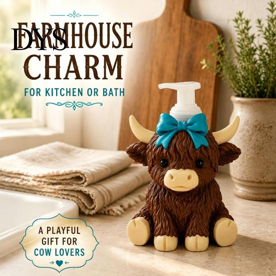 Refillable Soap Dispenser Highland Cow Dispenser, Pink Bow Cattle Hand Bathroom Pump Bottle Bottle, Plastic Empty for Bathroom, Housewarming Gift