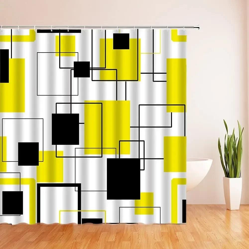 Yellow Black Geometric Shower Curtain Set Abstract 3D Checkered Stripe Modern Design Art Creative Bathroom Curtains With Hooks 90X180cm
