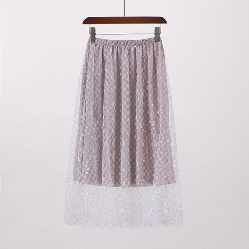 

[WM] Pinshangtuan Discount Fashion All-Matching Women s Wear Spring Elastic Waist Bright Silk Skirt A- Line Dress 0e065 Grey All yards